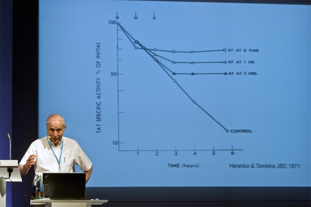 Nobel Laureate Avram Hershko lecturing on the role of the ubiquitin system in health and disease