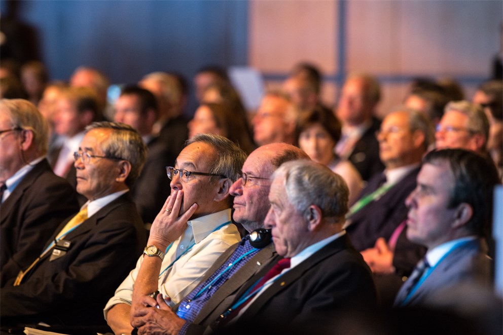 Laureates Steven Chu, Walter Gilbert and Kurt Wüthrich at the opening ceremony of the 65th Meeting.