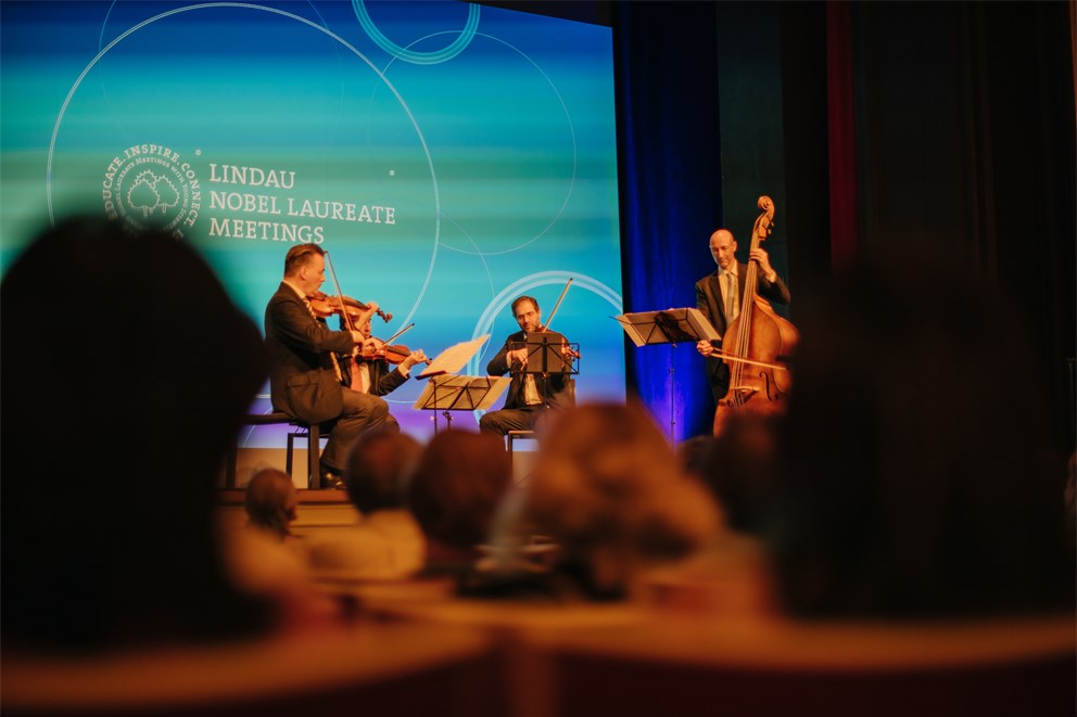 Ensemble of the Vienna Philharmonic playing at the opening concert. 